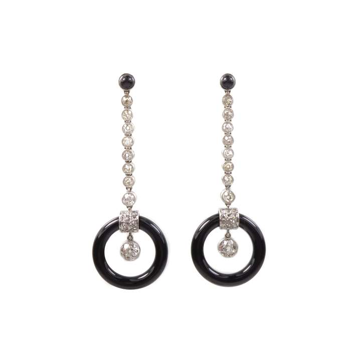 Pair of Art Deco onyx circle and diamond pendant earrings